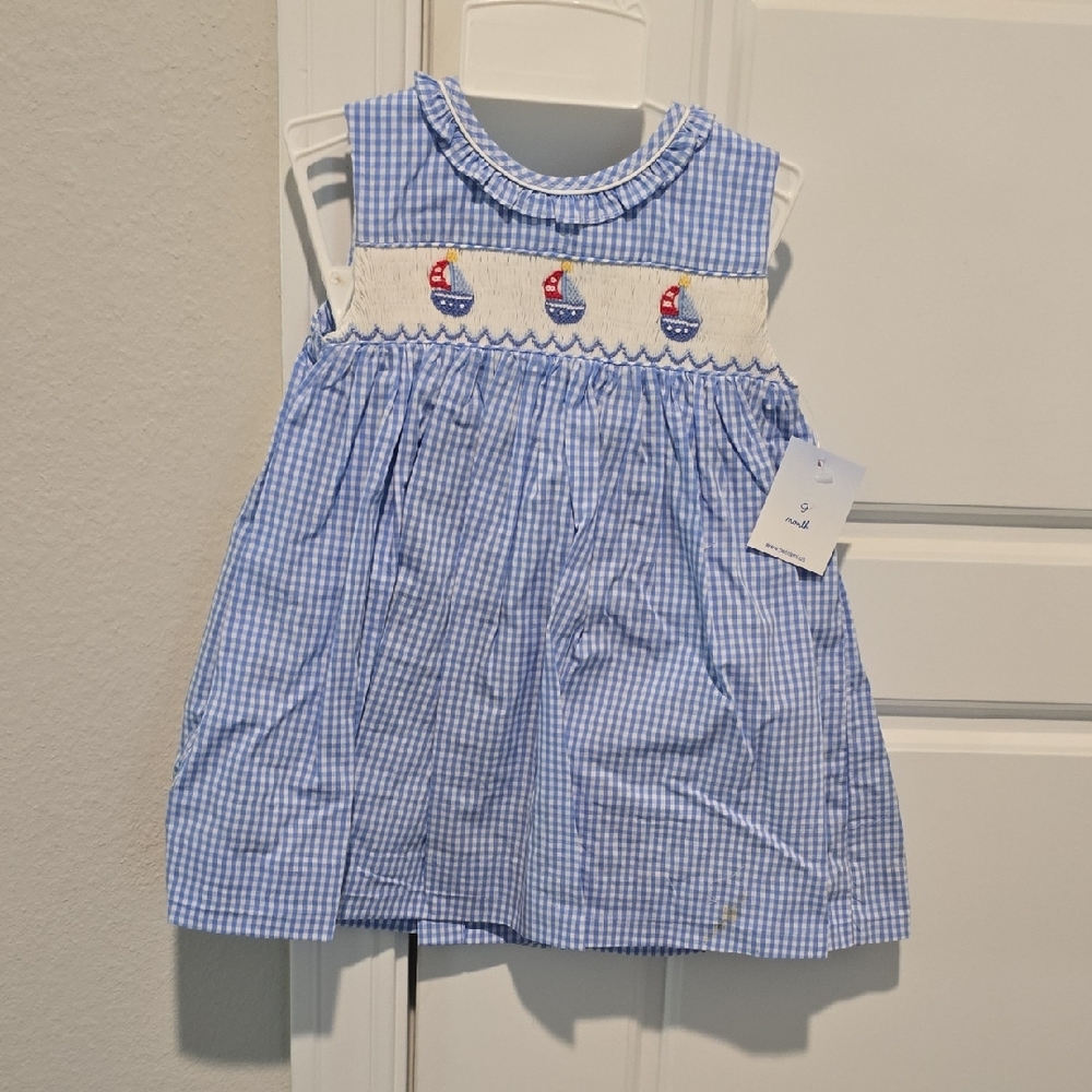 Petit Ami Blue Gingham Dress with Sailboat Design